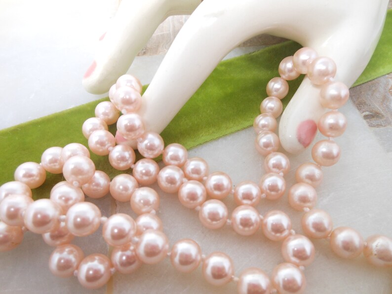 Vintage Pink Pearl Glass Bead Necklace Knotted Spacers Classic Jewelry Gift VivianJoel.com