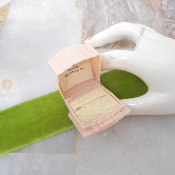 Vintage Art Deco Style Ring Box Pink Celluloid Old Plastic Engagement Presentation USA Jewelry Mid Century, VivianJoel.com