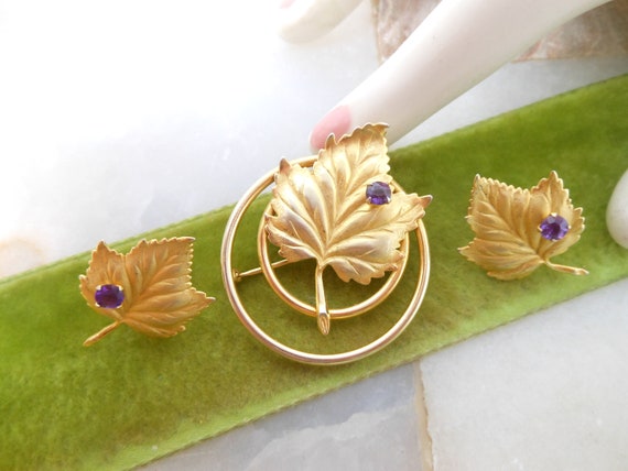 Vintage TAYLORD Gold Fill Brooch Earrings Leaf Se… - image 2