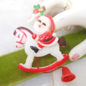 Vintage Christmas Santa Rocking Horse Brooch Pin Mechanical Plastic Kitsch Kitschmas Jewelry Gift HONG KONG Mid Century