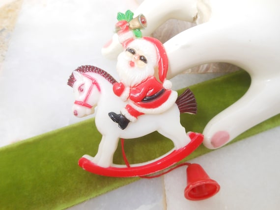Vintage Christmas Santa Rocking Horse Brooch Pin Mechanical Plastic Kitsch Kitschmas Jewelry Gift HONG KONG Mid Century, VivianJoel.com