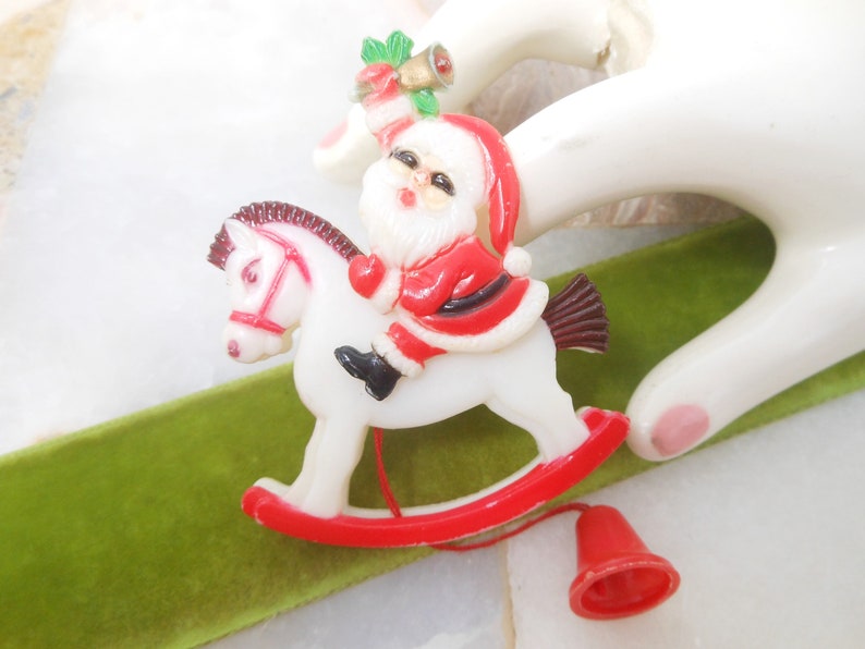 Vintage Christmas Santa Rocking Horse Brooch Pin Mechanical Plastic Kitsch Kitschmas Jewelry Gift HONG KONG Mid Century