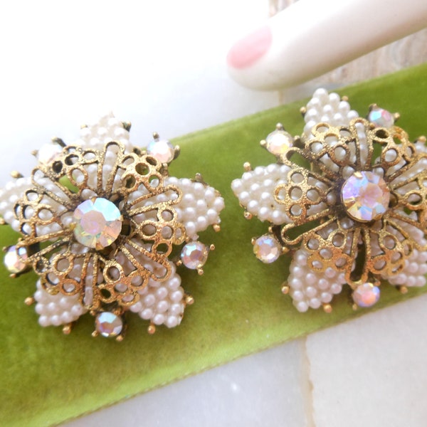 Vintage SELINI Rhinestone Flower Earrings Clip On Tiny Faux Pearl Ornate Cluster Designer Wedding SELRO Mid Century Jewelry, VivianJoel.com