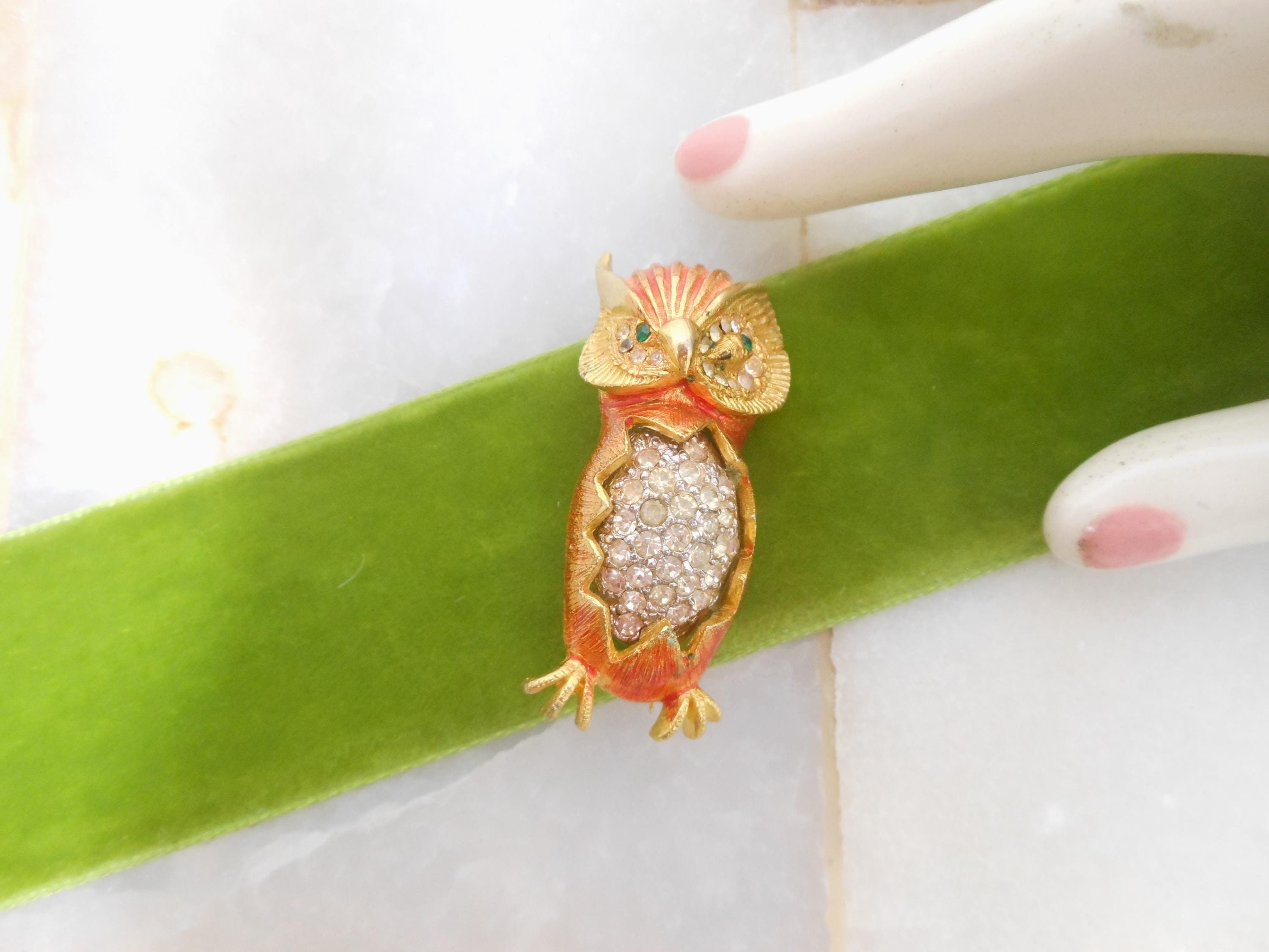 Vintage Owl Brooch Crystal Rhinestone Bird Orange Enamel Layered Gold Plate Designer Mid Century Fig