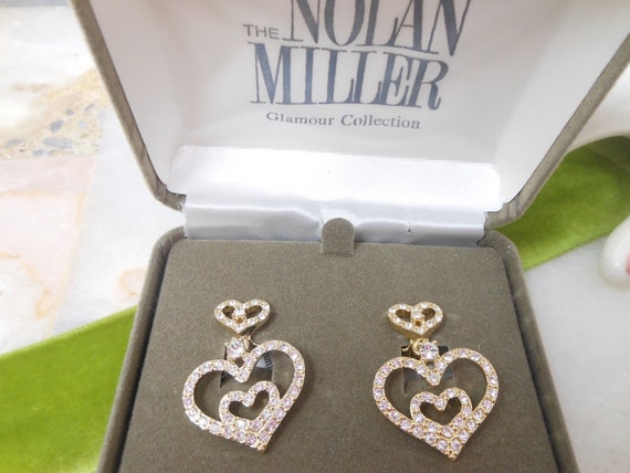 Vintage NOLAN MILLER Heart Earrings Rhinestone Cl… - image 4