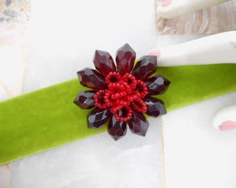 Vintage Ruby Red Brooch Cluster Bead Flower Pin Lucite Glass Artisan Handcraft Mid Century Corsage Jewelry Gift, VivianJoel.com