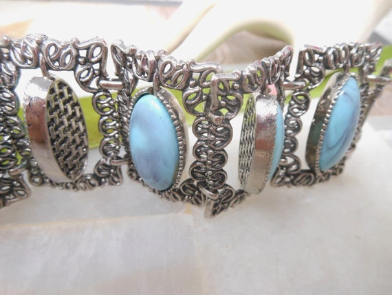 Vintage Faux Turquoise Wide Ornate Link Chunky Tw… - image 2