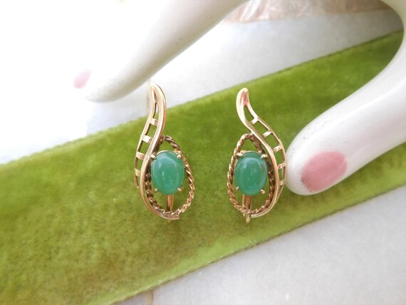 Vintage Green Cabochon Gold Fill Earrings Screw B… - image 2