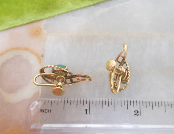 Vintage Green Cabochon Gold Fill Earrings Screw B… - image 4