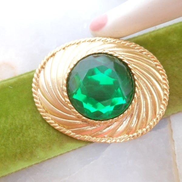 Vintage UNGARO Emerald Green Brooch Chunky Gold Plate Pin Paris Perfume Regency Revival Designer Jewelry Mid Century, VivianJoel.com