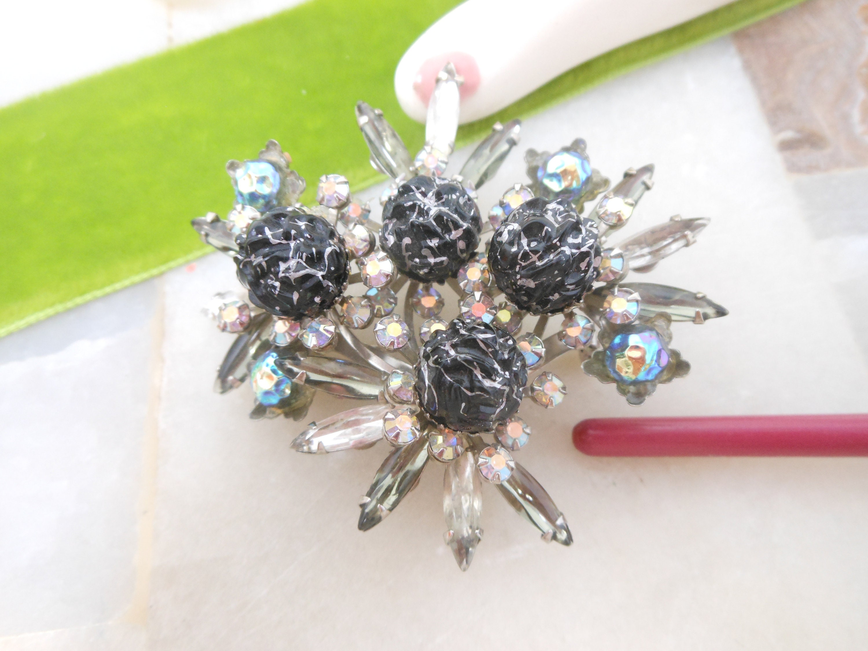 Vintage Lava Brooch Crystal Rhinestone Aurora Borealis Bumpy Black Bead ...