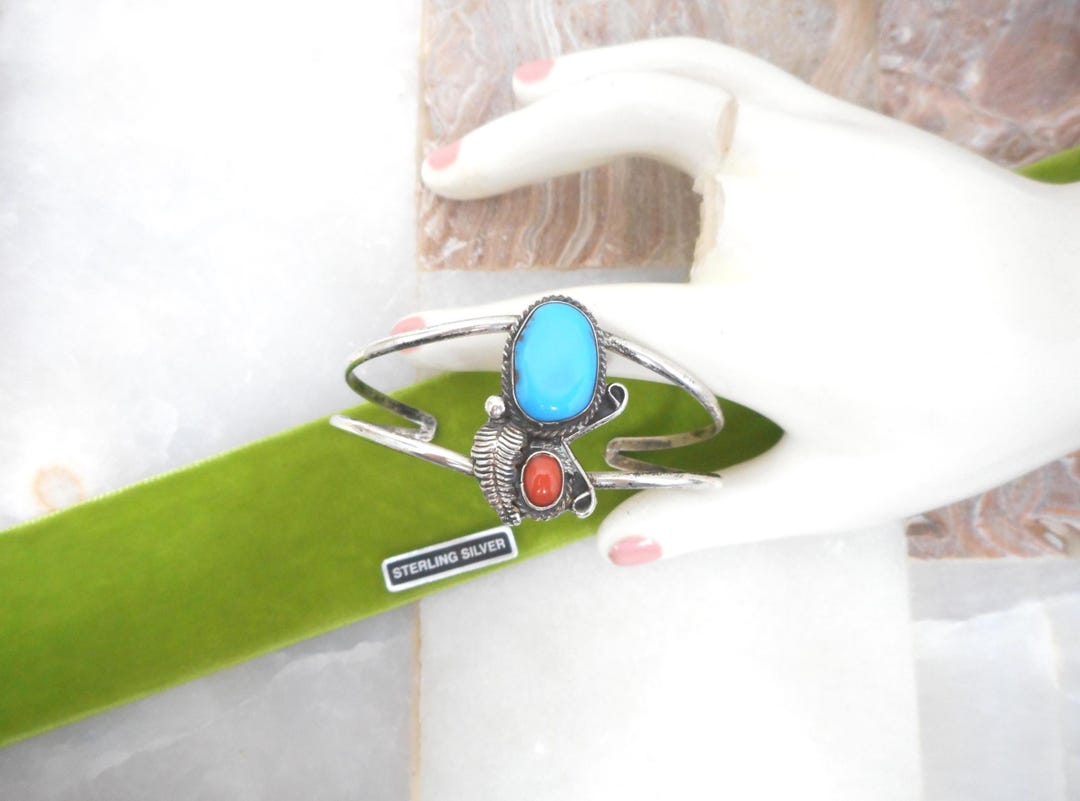 Vintage STERLING SILVER Cuff Turquoise Coral Bracelet 925 Old Pawn ...