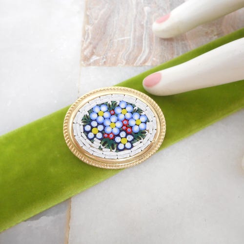 Vintage Micro Mosaic Brooch Art Glass Flower Forget Me Not Blue Pin Micromosaic Mid Century Jewelry ITALY Gift, VivianJoel.com