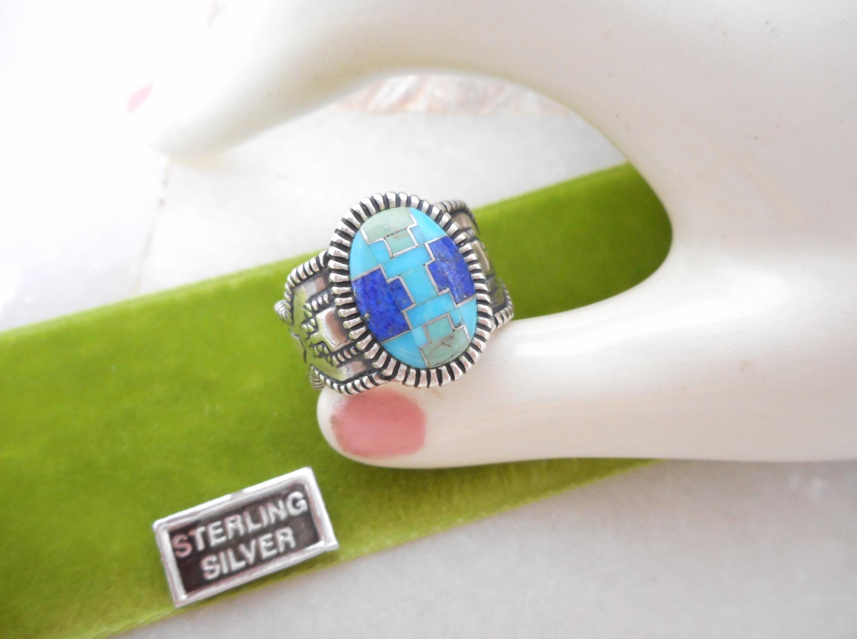 Relios Silver Rings Vintage Relios STERLING SILVER Ring Blue Turquoise Lapis Gemstone Inlay ...