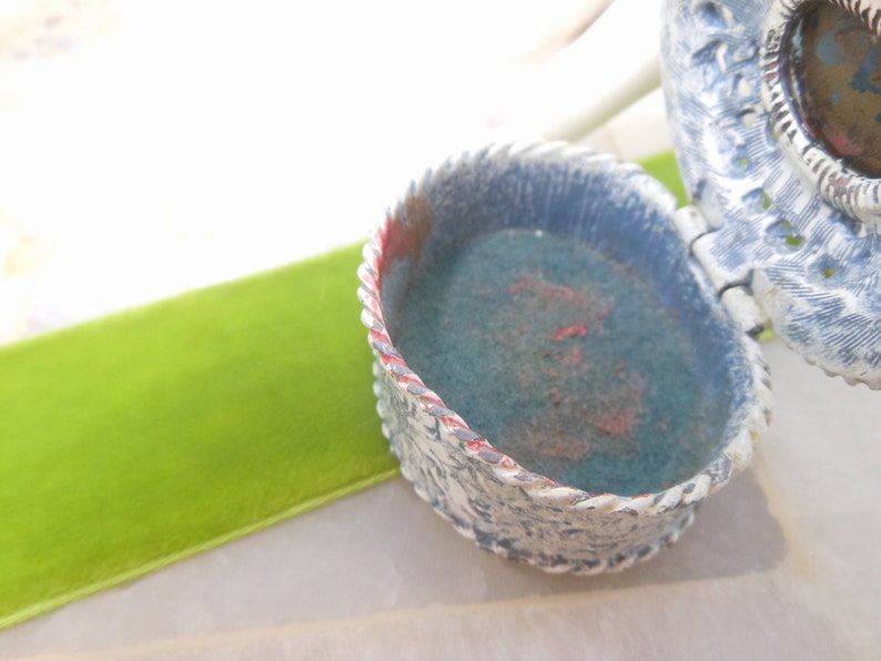 Vintage FLORENZA Jewelry Ring Trinket Box Blue Cabochon Enamel Ornate Victorian Revival Designer Mid Century *As Is*