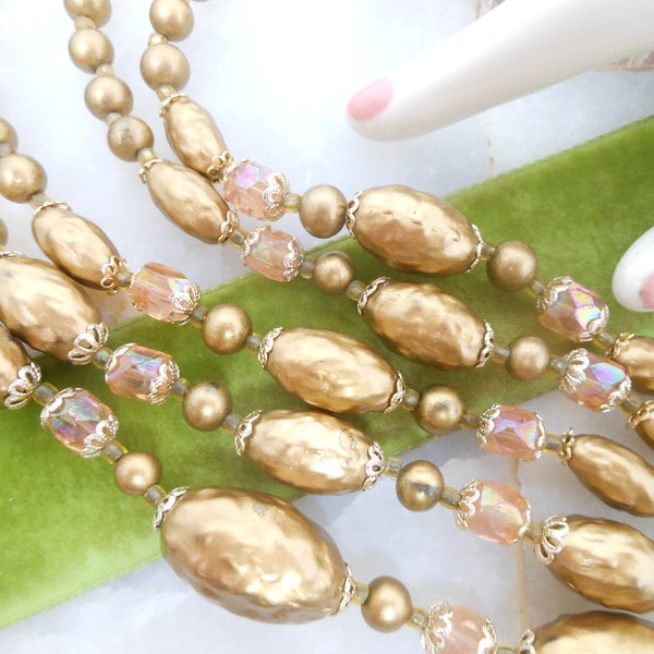 Vintage Crystal Art Glass Bead Necklace Bronze Gold Five Multi Strand Bib Mid Century Statement Jewelry, VivianJoel.com