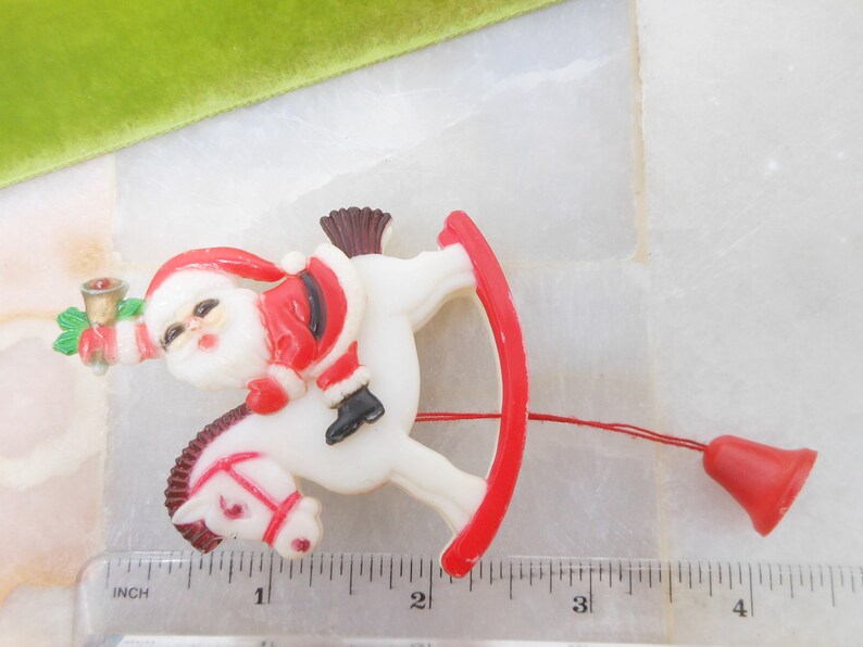 Vintage Christmas Santa Rocking Horse Brooch Pin Mechanical Plastic Kitsch Kitschmas Jewelry Gift HONG KONG Mid Century