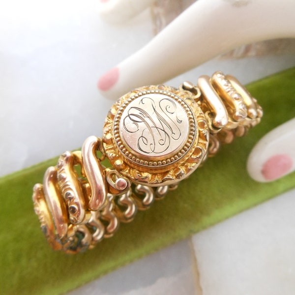 Vintage Sweetheart Bracelet Expansion Gold Fill Engraved Monogram Medallion Valentine Mid Century WW2 Era Jewelry *As IS*, VivianJoel.com