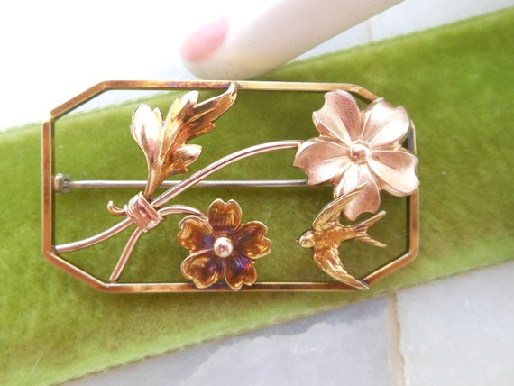 Vintage DIANA Picture Frame Brooch Swallow Bird F… - image 1