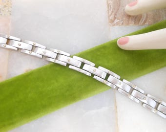 Vintage STAINLESS STEEL Bracelet Heavy Link Chain Two Tone Industrial Mens Jewelry Gift, VivianJoel.com