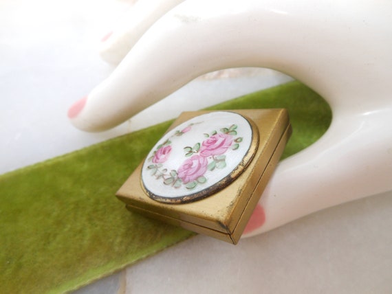 Vintage Pink Rose Pill Box Purse Compact Enamel G… - image 3