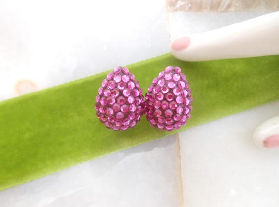Vintage MISTAR BIJOUX Earrings Clip On Pink Rhinestone Crystal Fuchsia Designer Mid Century Jewelry *As Is*, VivianJoel.com