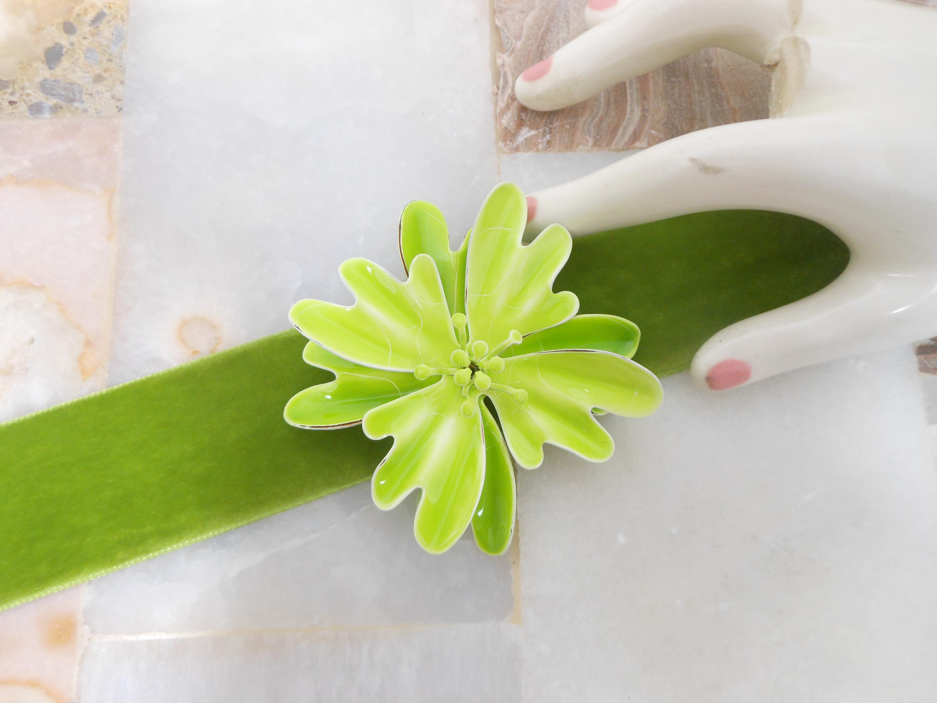 Vintage Huge Flower Brooch Green Enamel Two Tone Pin Mod Mid Century Summer Jewelry Gift, VivianJoel.com