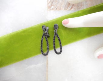 Vintage MONET Earrings Clip On Black Ink Dangle Drop Crystal Rhinestone Japanned Enamel Goth Mourning Designer Jewelry, VivianJoel.com