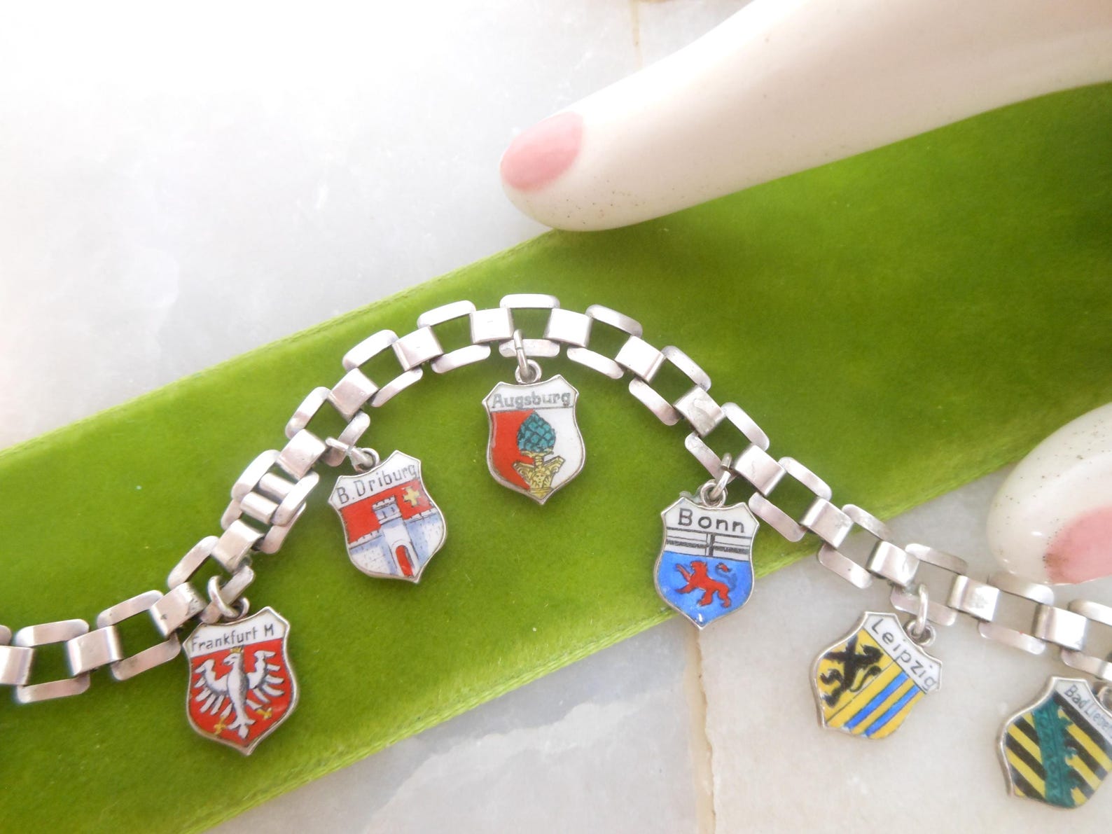 Vintage 835 Silver EURO Charm Bracelet 8 Travel Souvenir Enamel Shield Germany