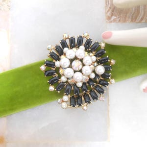 Vintage Galaxy Rhinestone Brooch Crystal Black Milk Glass Atomic Pearl Comet Swirl Pinwheel Flower Pin Mid Century Jewelry, VivianJoel.com