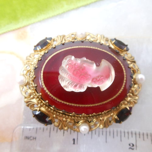 Vintage WEST GERMANY Cameo Ornate Brooch Red Glass Rhinestone Filigree Pin Renaissance Victorian Revival shops Jewelry Mid Century, VivianJoel.com