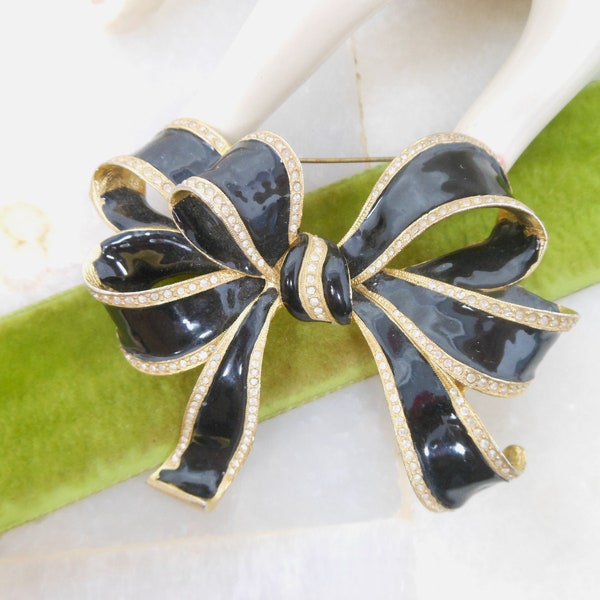 Vintage HUGE Rhinestone Bow Brooch Clear Crystal Black Enamel Ribbon Pin Runway Statement Jewelry Gift, VivianJoel.com