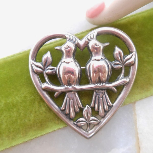 Vintage Norseland STERLING SILVER Brooch CORO Designer Pin Heart Figural Lovebird Mid Century Jewelry Gift, VivianJoel.com