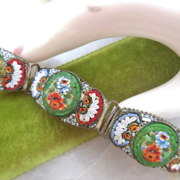 Vintage ITALY Micro Mosaic Bracelet Art Glass Flower Floral Micromosaic Mid Century Jewelry *as is*, VivianJoel.com