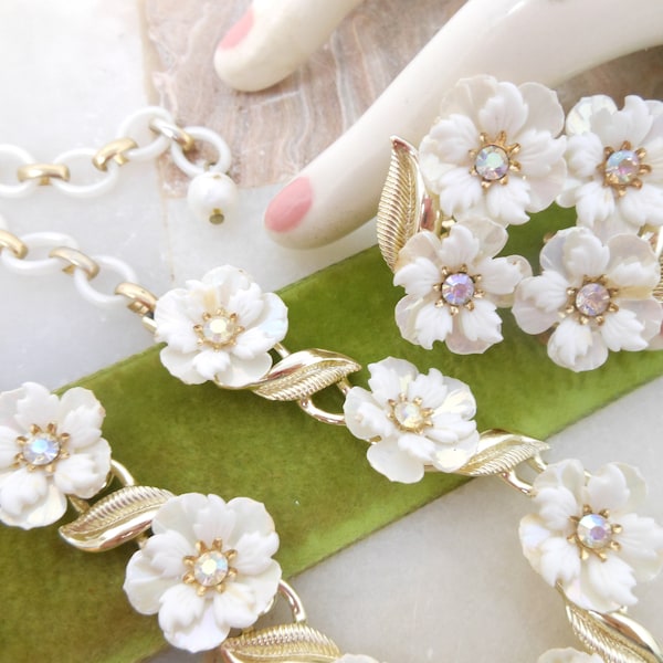 Vintage CORO Flower Necklace Earrings Set Plastic Retro Designer Demi Parure Rhinestone Jewelry White Wedding Mid Century, VivianJoel.com