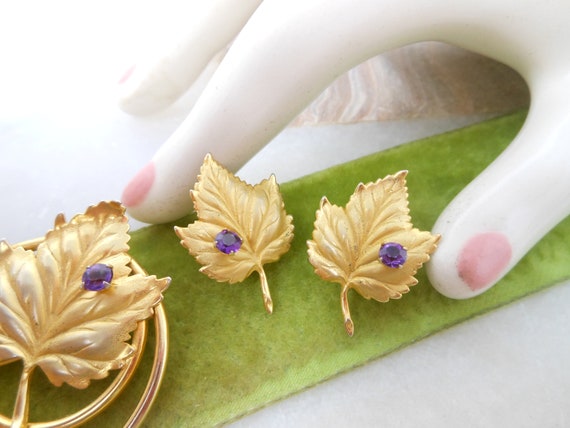 Vintage TAYLORD Gold Fill Brooch Earrings Leaf Se… - image 3