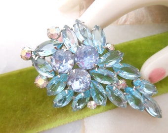 Vintage Blue Open Back Brooch Crystal Rhinestone Pin Regency Revival Galaxy Flower Spray Jewelry Gift Mid Century, VivianJoel.com