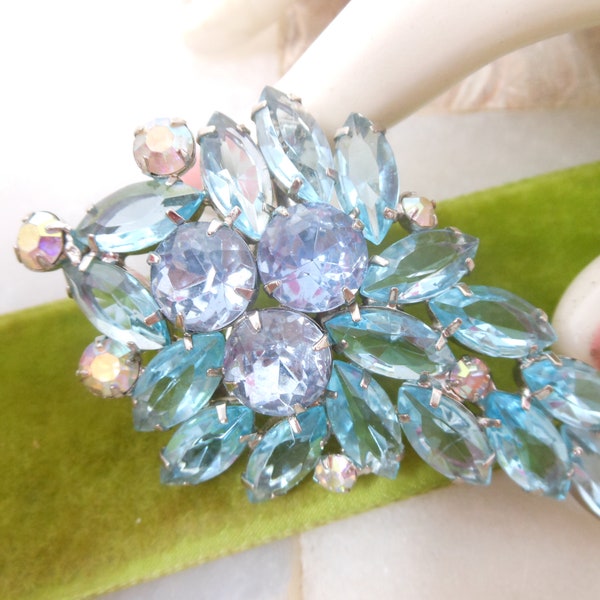 Vintage Blue Open Back Brooch Crystal Rhinestone Pin Regency Revival Galaxy Flower Spray Jewelry Gift Mid Century, VivianJoel.com