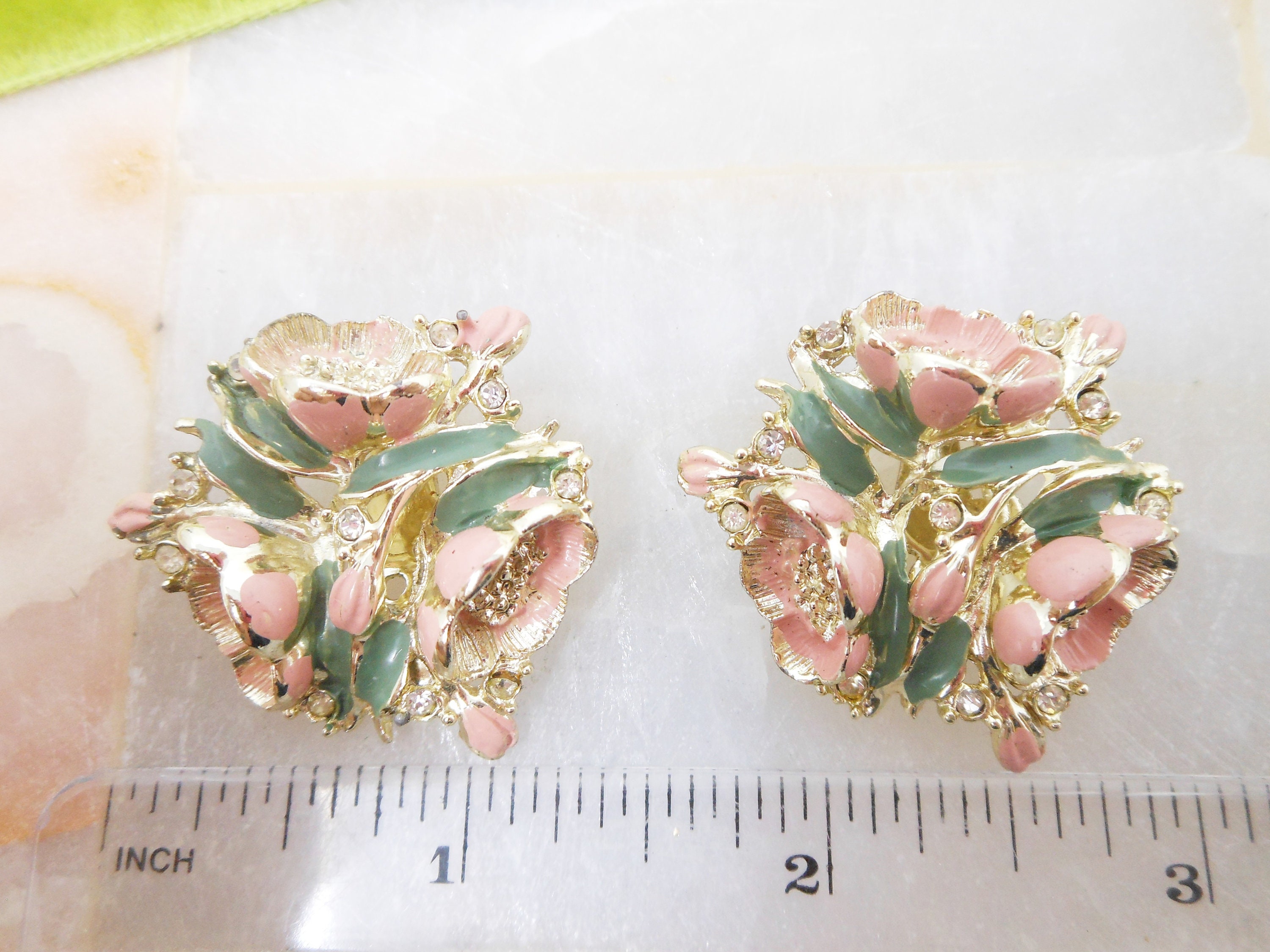Vintage Pink Flower Enamel Earrings Clip On Rhinestone Chunky Etsy
