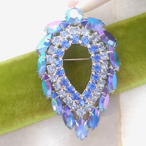Vintage SARAH COVENTRY Brooch Rhinestone Blue Lagoon Aurora Borealis Crystal JULIANA Designer Jewelry Gift Mid Century, VivianJoel.com