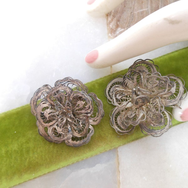 Vintage STERLING SILVER Flower Brooch LOT 2 Filigree Spun Cannetille Ornate Pin Antique Mid Century Jewelry Gift, VivianJoel.com