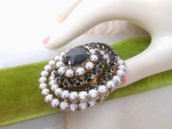 Vintage Milk Glass Brooch Black White Pinwheel Spiral Dome Jet Rhinestone Mod Pin Mid Century Jewelry Gift, VivianJoel.com View 3
