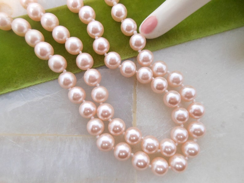 Vintage Pink Pearl Glass Bead Necklace Knotted Spacers Classic Jewelry Gift VivianJoel.com