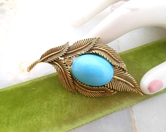 Vintage Blue Egg Brooch Lucite Plastic Chunky Leaf Pin Jelly Belly Gold Tone PlateJewelry Gift Mid Century, VivianJoel.com