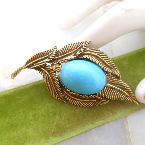 Vintage Blue Egg Brooch Lucite Plastic Chunky Leaf Pin Jelly Belly Gold Tone PlateJewelry Gift Mid Century, VivianJoel.com