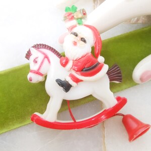 Vintage Christmas Santa Rocking Horse Brooch Pin Mechanical Plastic Kitsch Kitschmas Jewelry Gift HONG KONG Mid Century