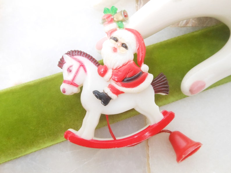 Vintage Christmas Santa Rocking Horse Brooch Pin Mechanical Plastic Kitsch Kitschmas Jewelry Gift HONG KONG Mid Century