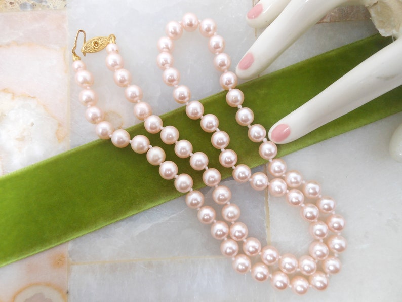 Vintage Pink Pearl Glass Bead Necklace Knotted Spacers Classic Jewelry Gift VivianJoel.com