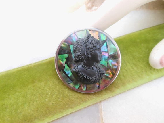 Vintage Glass Cameo Brooch Kaleidoscope Mosaic Ra… - image 1