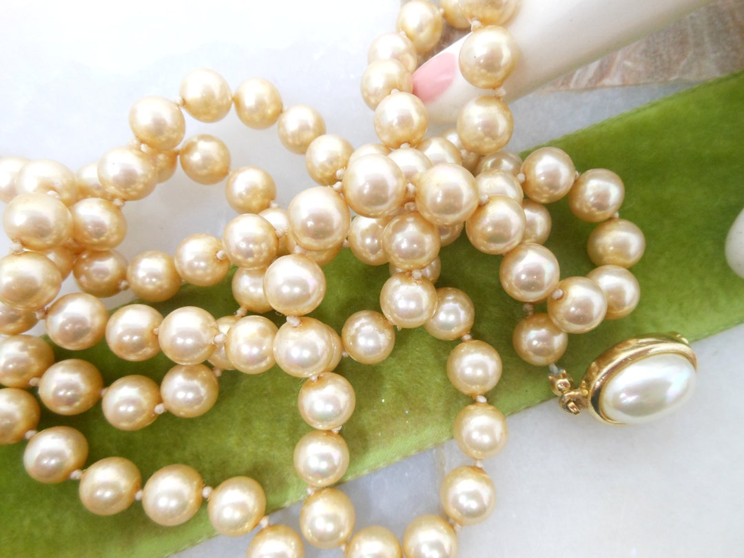 Vintage CAROLEE Long Necklace Golden Faux Pearl Glass Bead 37 Flapper Designer Elegant Classic
